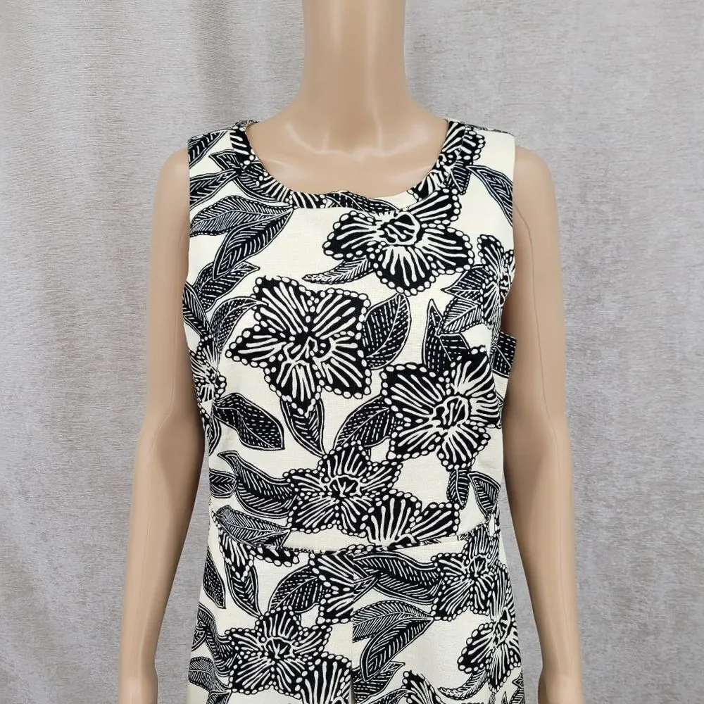 J Crew Women Sleeveless Polynesian Floral Print Dress Ivory Black A-Line Cotton